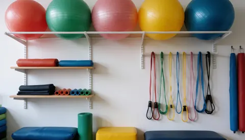 Étagère contenant des ballons de gymnastique, des bandes élastiques et des tapis de sol dans un environnement professionnel et ordonné