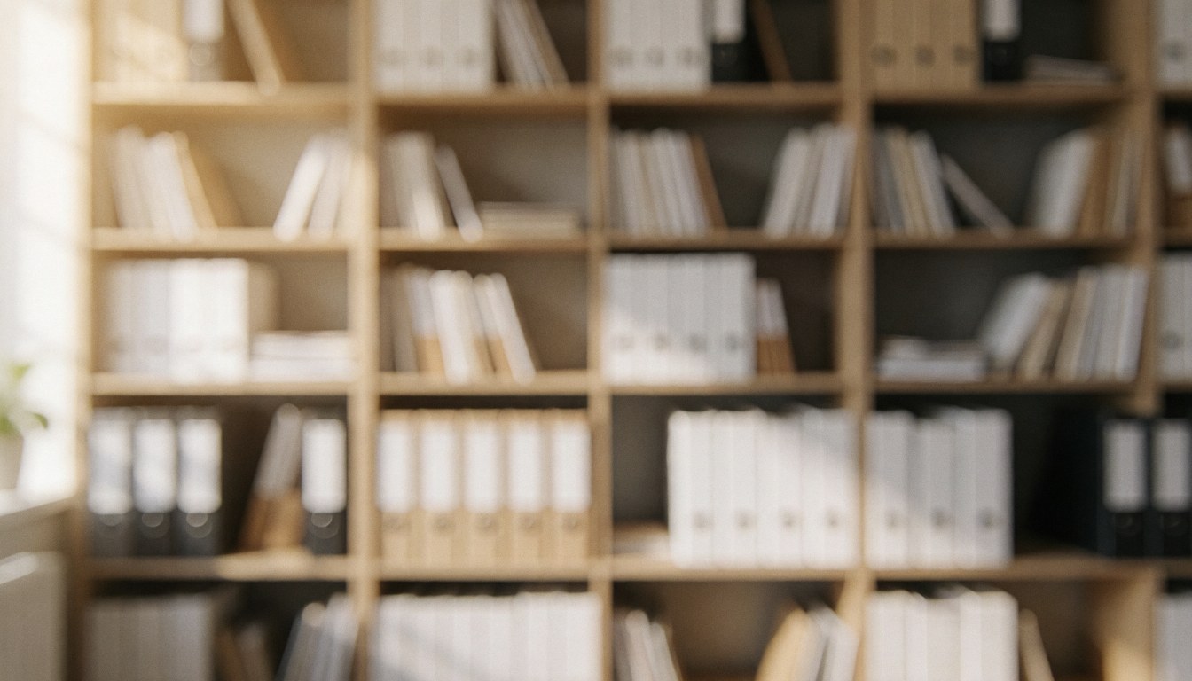 Étagère en bois contenant des classeurs et des documents sur fond flou, idéal pour ajouter du texte professionnel dans un environnement de bureau.