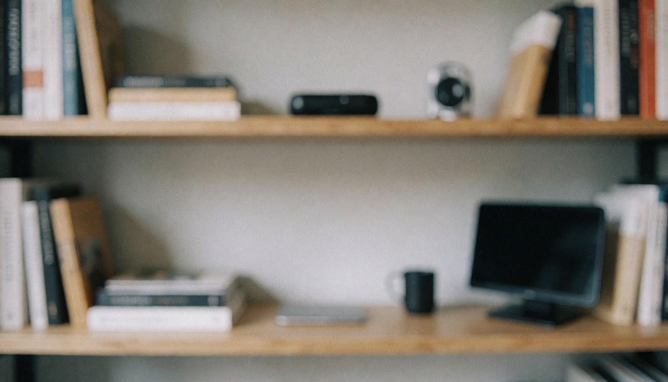 Étagère en bois contenant des livres, un ordinateur, un téléphone portable et des accessoires technologiques sur un fond flou adapté aux textes.