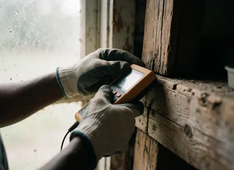 Main gantée inspectant du bois avec un mesureur d'humidité, lumière naturelle, texture visible et outil.