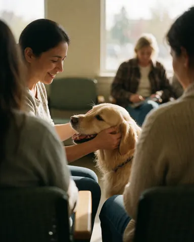 Une cliente sourit en caressant son chien golden retriever dans la salle d'attente d'une clinique vétérinaire, baignée de lumière naturelle.