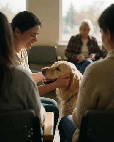 Une cliente sourit en caressant son chien golden retriever dans la salle d'attente d'une clinique vétérinaire, baignée de lumière naturelle.