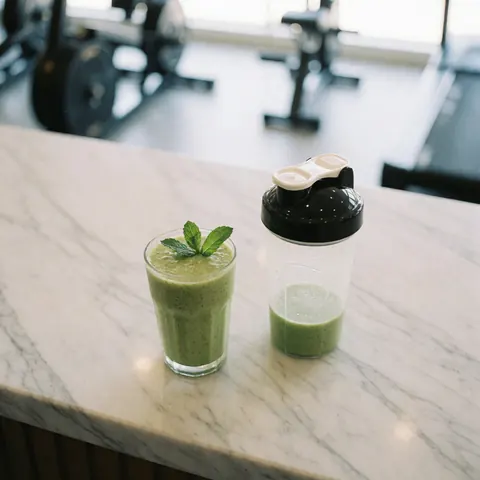 Un shaker et un verre contenant un smoothie vert à la menta posés sur un comptoir en marbre avec un équipement de gymnase flou en arrière-plan