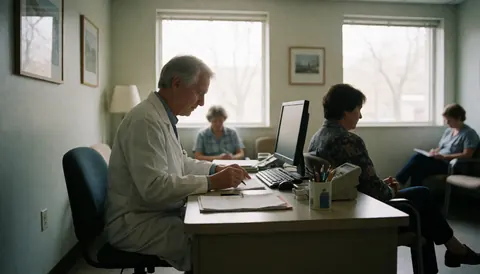 Médecin en blouse blanche travaillant sur son ordinateur avec des patients en attente en arrière-plan dans une clinique médicale calme et professionnelle