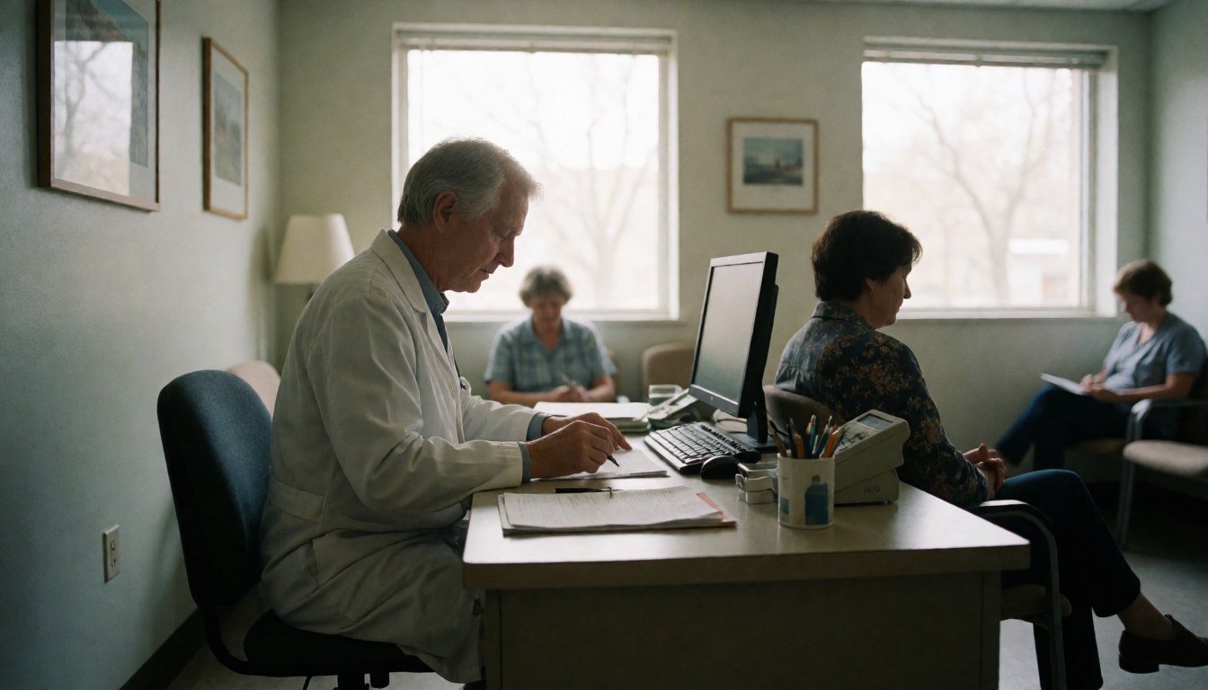 Médecin en blouse blanche travaillant sur son ordinateur avec des patients en attente en arrière-plan dans une clinique médicale calme et professionnelle
