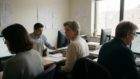 Quatre experts en comptabilité concentrés sur leurs écrans d'ordinateur dans un environnement de travail professionnel.