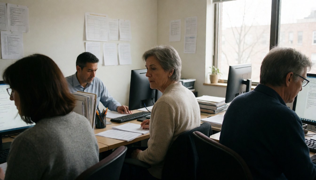 Quatre experts en comptabilité concentrés sur leurs écrans d'ordinateur dans un environnement de travail professionnel.
