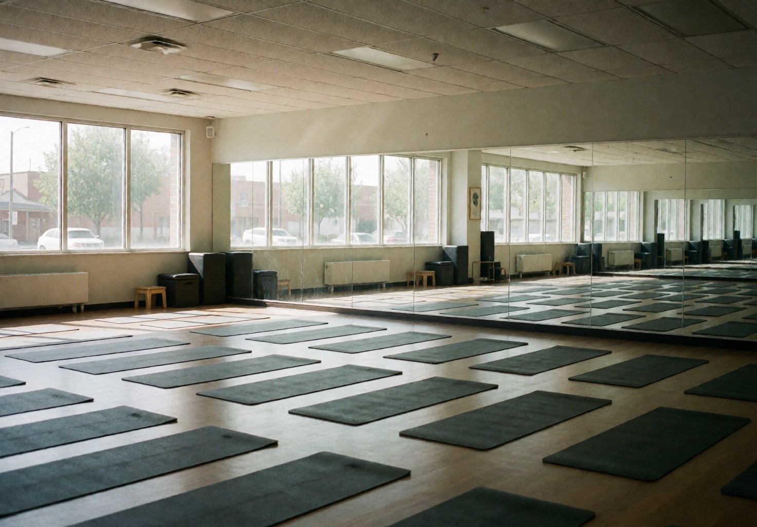 Un studio de yoga vide présentant des couvertures bien rangées, des miroirs et des fenêtres laissant entrer la lumière naturelle pour un environnement calme et propre.