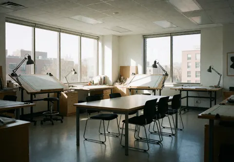 Un bureau d'architecture vide, équipé de tables de dessin, de chaises et de grandes fenêtres laissant entrer la lumière du matin.