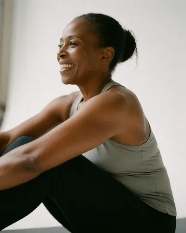 Une femme sourit assise en position de yoga, vêtue de sport avec les cheveux attachés, dans un cadre clair et relaxant.