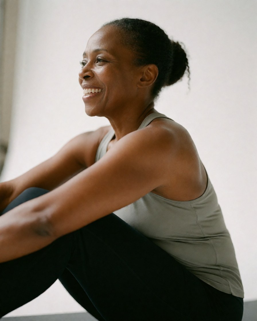 Une femme sourit assise en position de yoga, vêtue de sport avec les cheveux attachés, dans un cadre clair et relaxant.