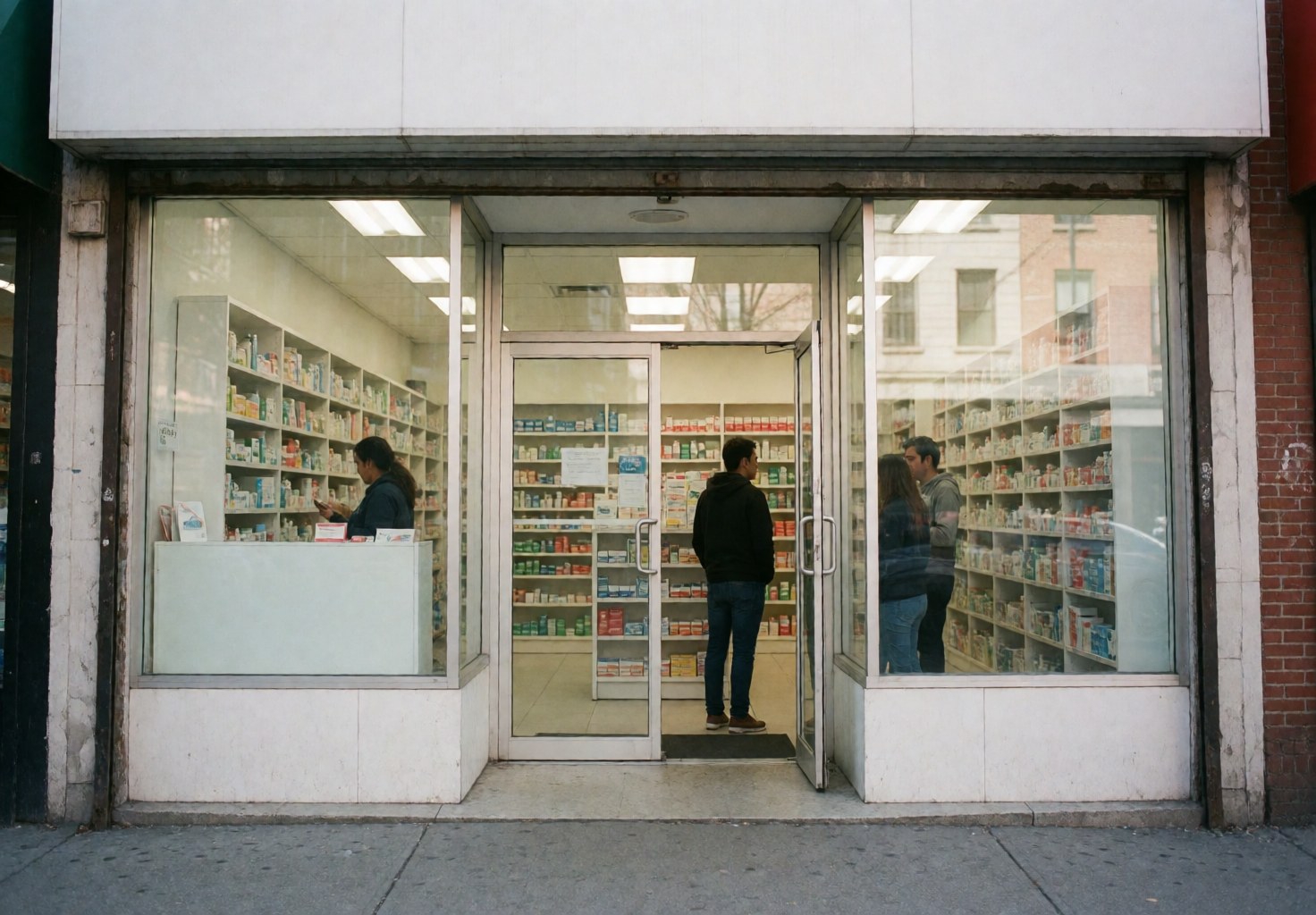 Façade de pharmacie avec clients entrant et vitrine de produits, ambiance urbaine et propre.