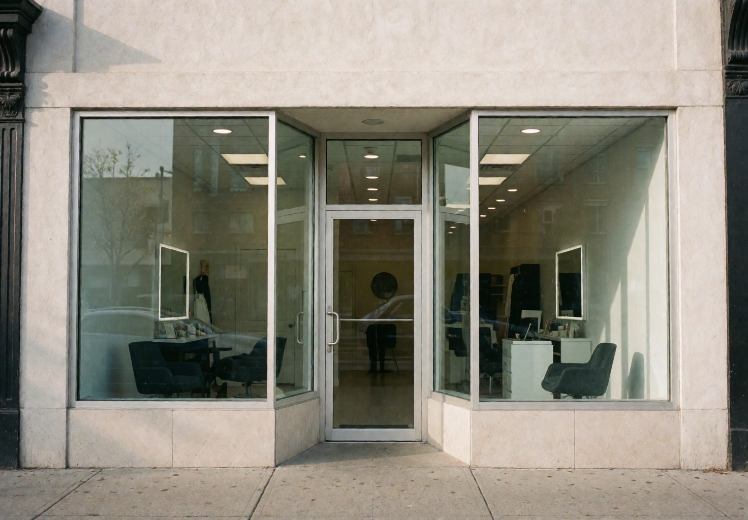 Façade d'un salon de toilettage pour chiens avec fenêtres en verre, entrée principale et chaises visibles à l'intérieur, ambiance propre et professionnelle.