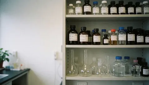 Étagère de laboratoire contenant des flacons de réactifs et du verre, avec un fond flou adapté pour ajouter du texte sur des sites web médicaux ou scientifiques.