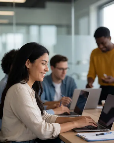 Une femme souriante utilise son ordinateur portable dans un bureau moderne avec d'autres collaborateurs en arrière-plan, illustrant un environnement de travail productif et collaboratif.