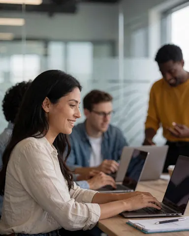 Une femme souriante utilise son ordinateur portable dans un bureau moderne avec d'autres collaborateurs en arrière-plan, illustrant un environnement de travail productif et collaboratif.