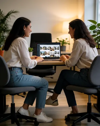 Deux femmes photographes dans un bureau moderne vérifient des photos sur un laptop, entourées de plantes et d'une lumière chaleureuse, vêtues de manière décontractée et souriantes.