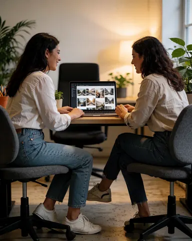 Deux femmes photographes dans un bureau moderne vérifient des photos sur un laptop, entourées de plantes et d'une lumière chaleureuse, vêtues de manière décontractée et souriantes.