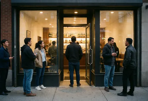 Façade d'un bar la nuit avec des clients attendant dehors, vitrines lumineuses et bouteilles visibles à l'intérieur, ambiance chaleureuse.