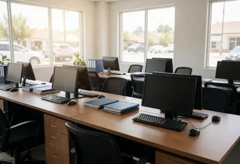 Intérieur d'un bureau de centre de formation à la conduite, vide, avec des bureaux, des ordinateurs et des manuels prêts pour les étudiants. Grandes fenêtres laissant entrer la lumière naturelle. Ambiance