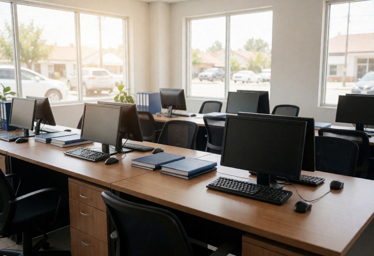 Intérieur d'un bureau de centre de formation à la conduite, vide, avec des bureaux, des ordinateurs et des manuels prêts pour les étudiants. Grandes fenêtres laissant entrer la lumière naturelle. Ambiance