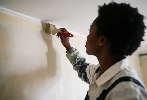 Une femme peintre professionnelle applique de la peinture sur un mur avec un pinceau, démontrant précision et technique dans son travail de peinture intérieure.