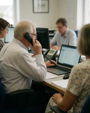 Un homme âgé parle au téléphone tout en travaillant sur son ordinateur portable dans un bureau avec d'autres employés.