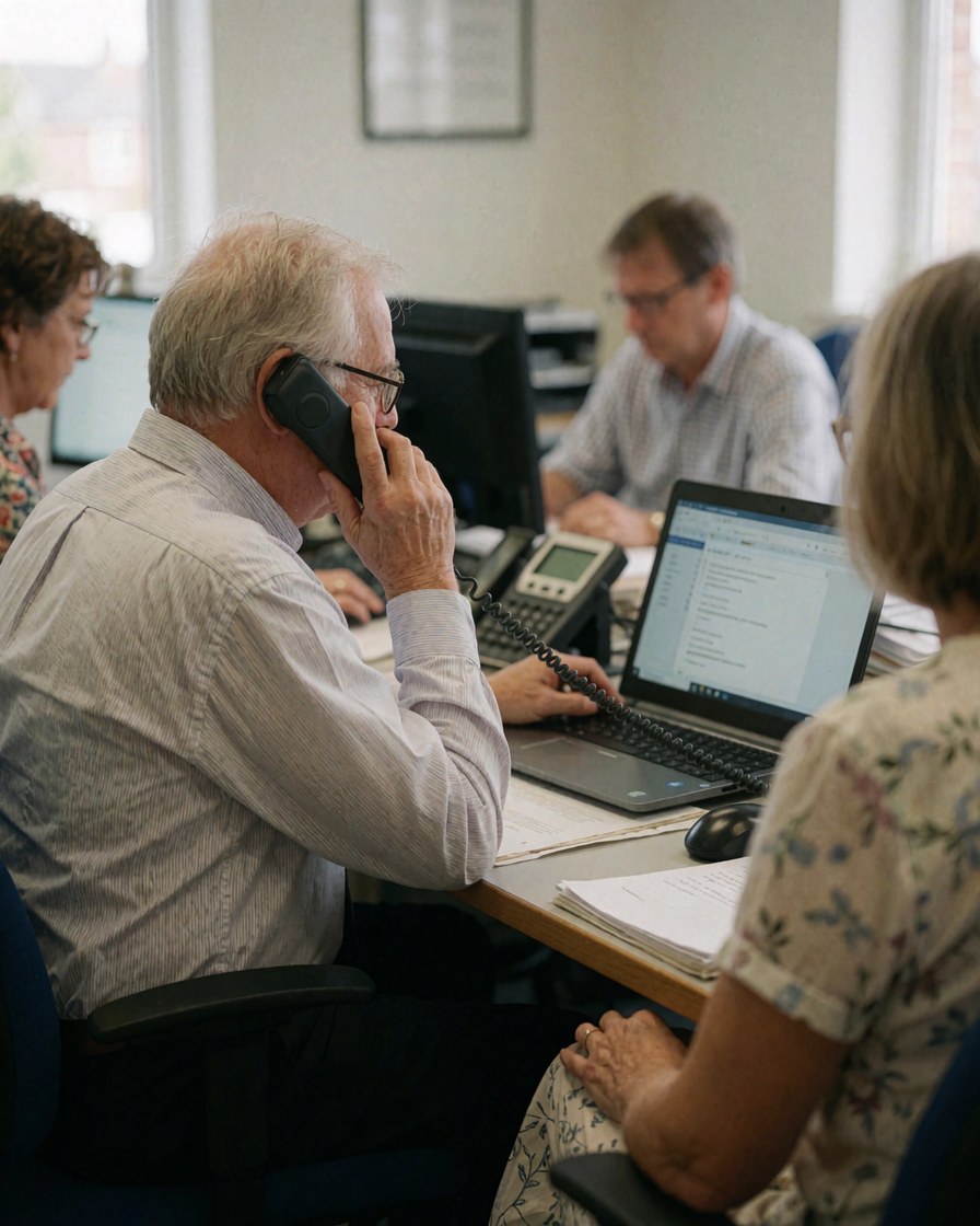 Un homme âgé parle au téléphone tout en travaillant sur son ordinateur portable dans un bureau avec d'autres employés.