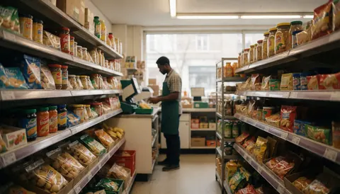 Intérieur d'un minimarché avec des rayons remplis de produits, un employé à la caisse et de la lumière naturelle entrant par la fenêtre.