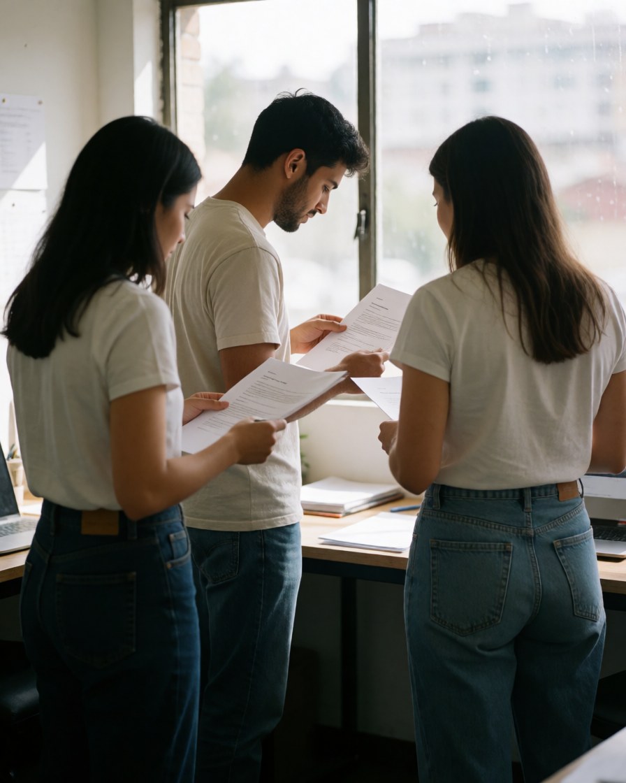 Trois professionnels analysent des documents dans un bureau baigné de lumière naturelle, illustrant un travail collaboratif axé sur la planification.