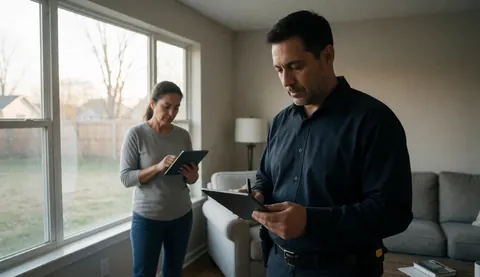 Un technicien de sécurité examine une tablette dans un salon. Une femme avec une tablette est visible en arrière-plan près d'une fenêtre laissant entrer la lumière naturelle.