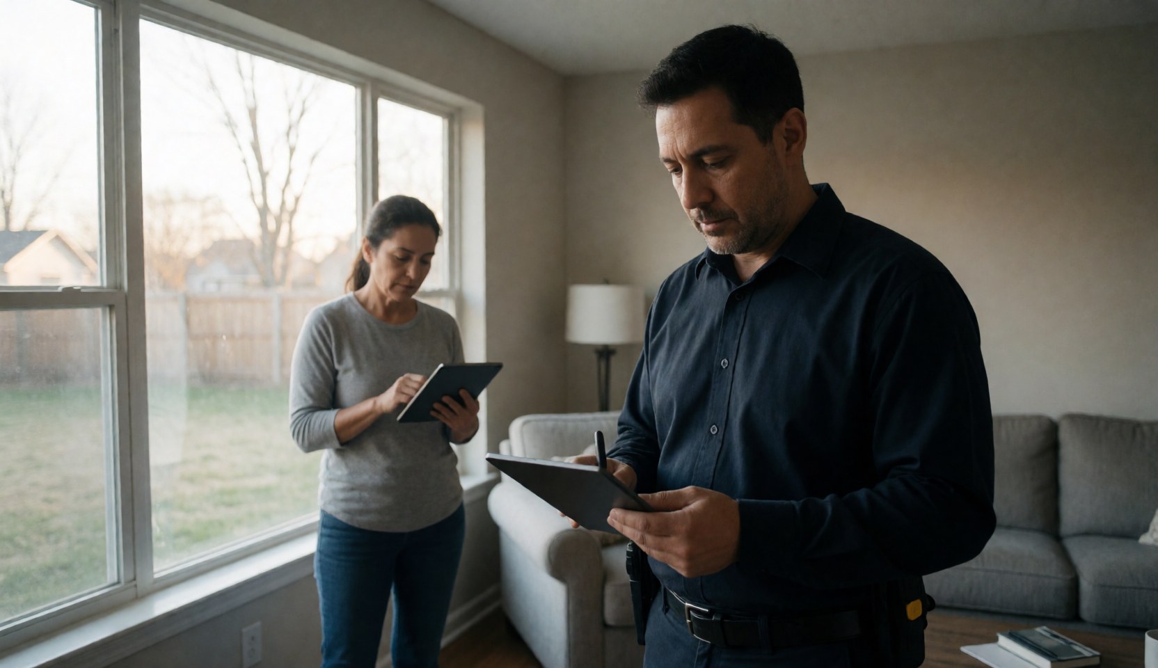 Un technicien de sécurité examine une tablette dans un salon. Une femme avec une tablette est visible en arrière-plan près d'une fenêtre laissant entrer la lumière naturelle.