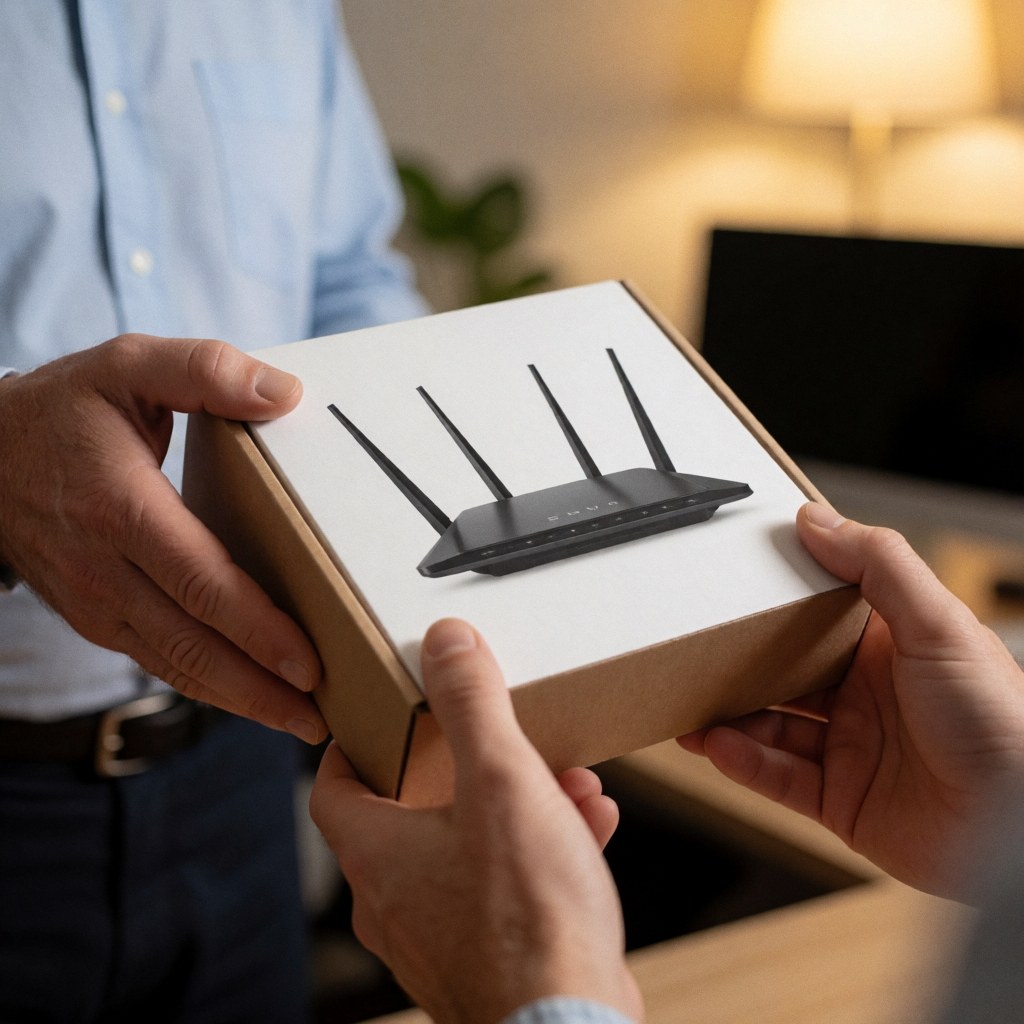 Un technicien remet un routeur wifi neuf dans sa boîte à un client. Les mains échangent le produit dans un bureau ordonné et éclairé.