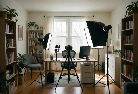 Espace de travail propre et naturel équipé d'un bureau, d'une caméra, d'éclairages, d'un microphone et d'étagères remplies de livres pour la création de contenu éducatif.