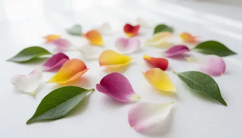 Pétales de fleurs aux tons pastels et feuilles vertes sur une surface blanche, idéal pour textes commerciaux et design éditorial.