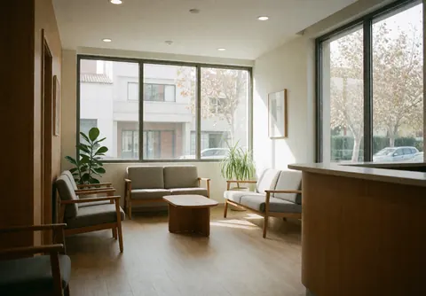 Réception d'une clinique psychologique avec canapés, tables et grandes baies vitrées. Ambiance calme et lumineuse avec plantes et mobilier en bois.
