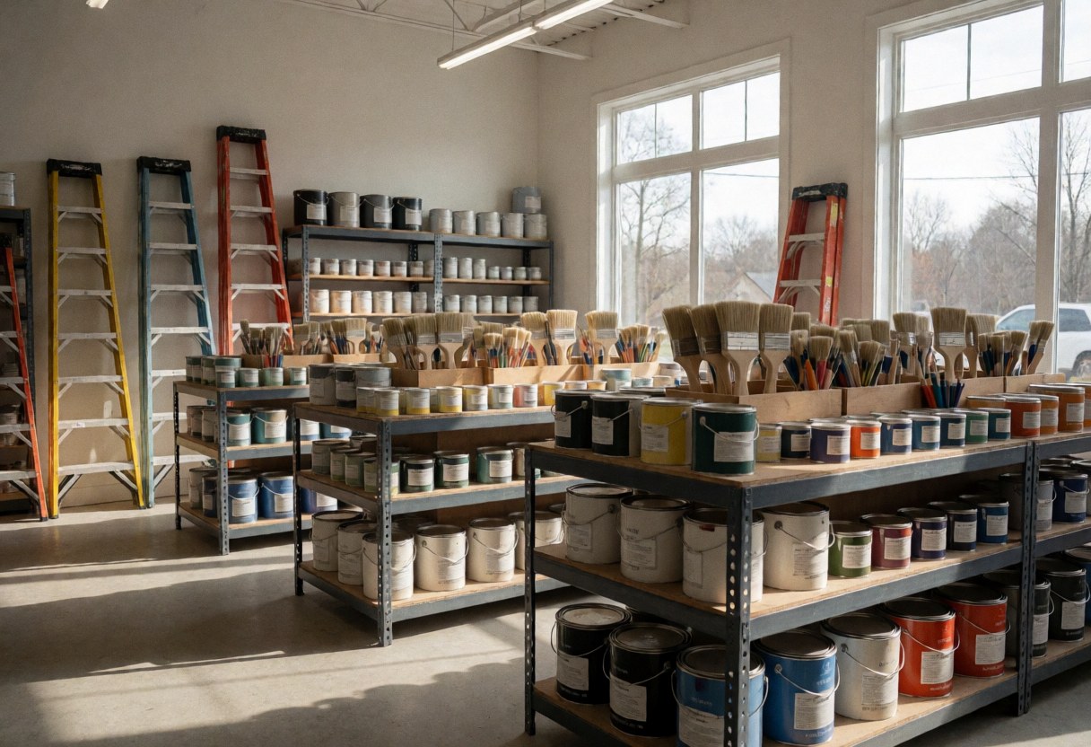 Intérieur d'un magasin de peinture avec des étagères chargées de pots, de pinceaux et d'échelles, baigné de lumière naturelle provenant de grandes fenêtres.