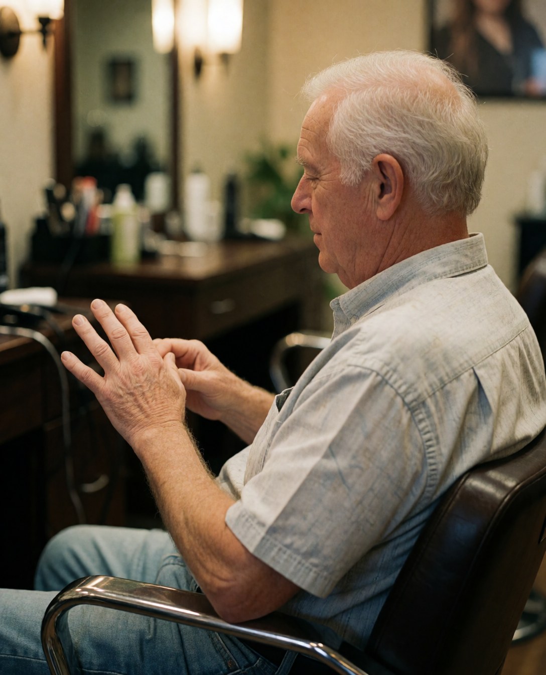 Un homme âgé assis dans un salon regarde ses mains avec satisfaction après une manucure, dans une ambiance chaleureuse.