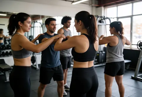 Une entraîneuse aide un client à réaliser un étirement dans un gymnase, avec d'autres personnes et du matériel en arrière-plan.