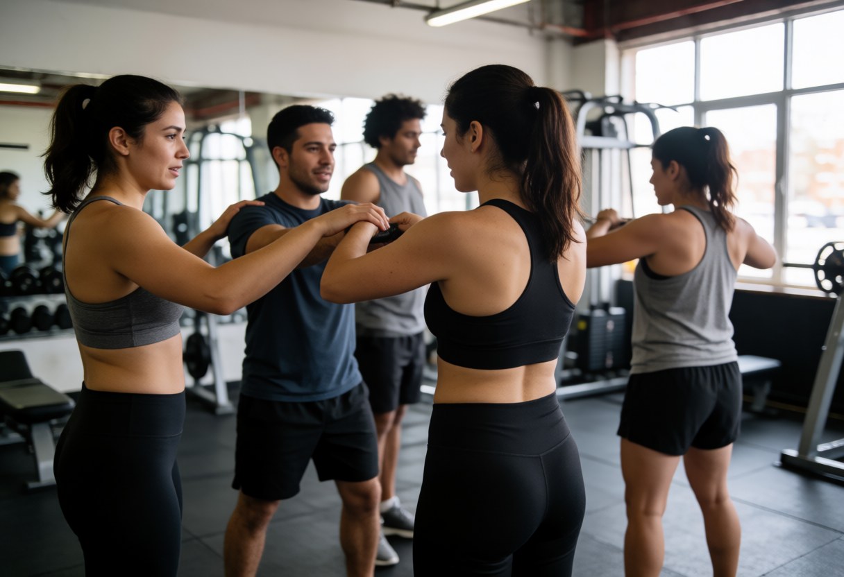 Une entraîneuse aide un client à réaliser un étirement dans un gymnase, avec d'autres personnes et du matériel en arrière-plan.