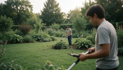 Deux personnes effectuant des travaux de jardinage avec des outils, l'une taille des arbustes et l'autre utilise une tondeuse, dans un paysage naturel verdoyant.