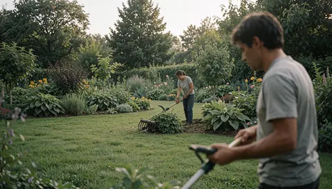 Deux personnes effectuant des travaux de jardinage avec des outils, l'une taille des arbustes et l'autre utilise une tondeuse, dans un paysage naturel verdoyant.