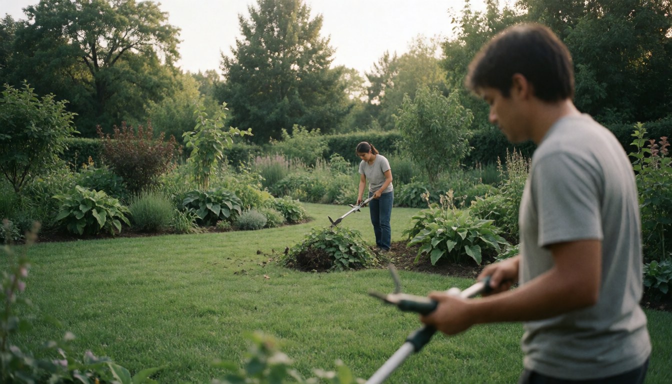 Deux personnes effectuant des travaux de jardinage avec des outils, l'une taille des arbustes et l'autre utilise une tondeuse, dans un paysage naturel verdoyant.