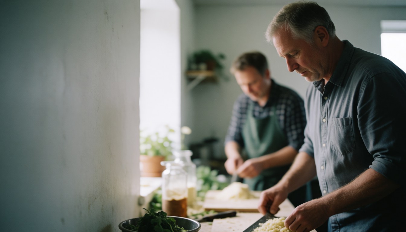 Deux hommes cuisiniers préparent des ingrédients dans une cuisine avec un mur blanc à gauche, idéal pour la page d'accueil d'un site web de café et cacao.