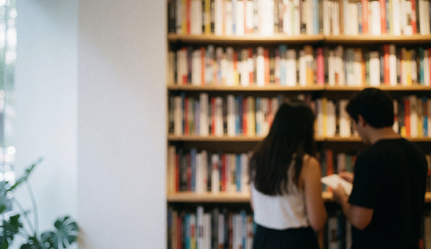 Fond de librairie avec des étagères remplies de livres et deux personnes de dos, ambiance chaleureuse et minimaliste pour du texte.