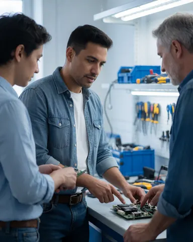 Trois techniciens examinent un circuit dans un atelier de réparation, avec des outils et équipements visibles en arrière-plan, dans un environnement professionnel et réaliste.