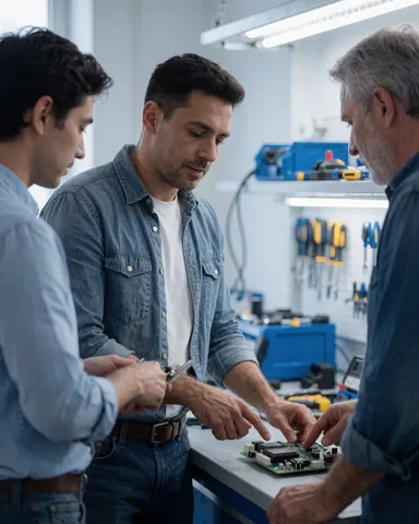 Trois techniciens examinent un circuit dans un atelier de réparation, avec des outils et équipements visibles en arrière-plan, dans un environnement professionnel et réaliste.