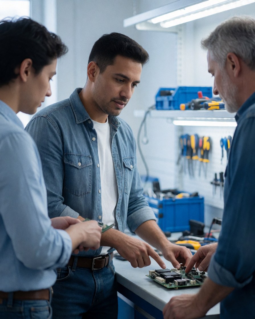 Trois techniciens examinent un circuit dans un atelier de réparation, avec des outils et équipements visibles en arrière-plan, dans un environnement professionnel et réaliste.