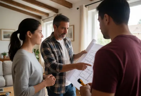 Un menuisier explique des plans de construction à un client dans un salon avec des poutres en bois, une lumière naturelle et des outils visibles.