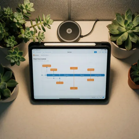 Bureau de coworking avec tablette montrant un projet, entouré de plantes succulentes et d'un chargeur sans fil, éclairé par une lumière chaude.